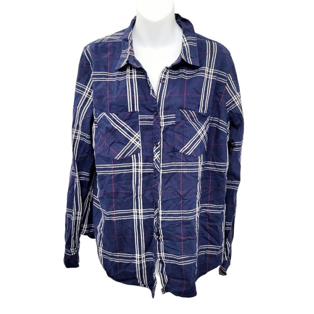2/$20 Reitmans Navy Blue Plaid Pattern Buttons Down Shirt Top Size: XXL